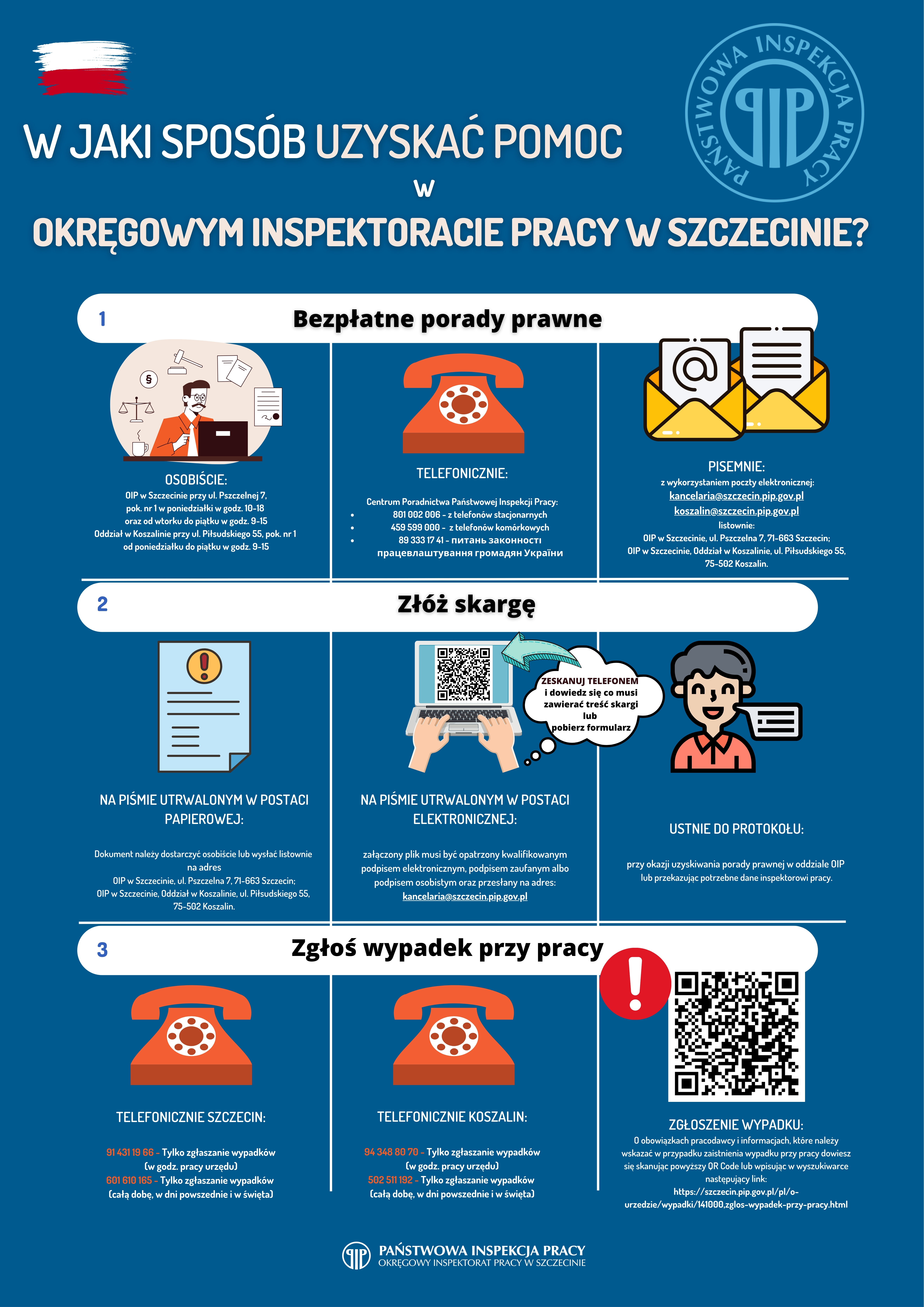  Okręgowy Inspektorat Pracy w Szczecinie przygotował grafikę, która w przystępny sposób ma pokazać pracownikom przyjeżdżającym z zagranicy, jak mogą uzyskać pomoc w przypadku problemów pracowniczych. 